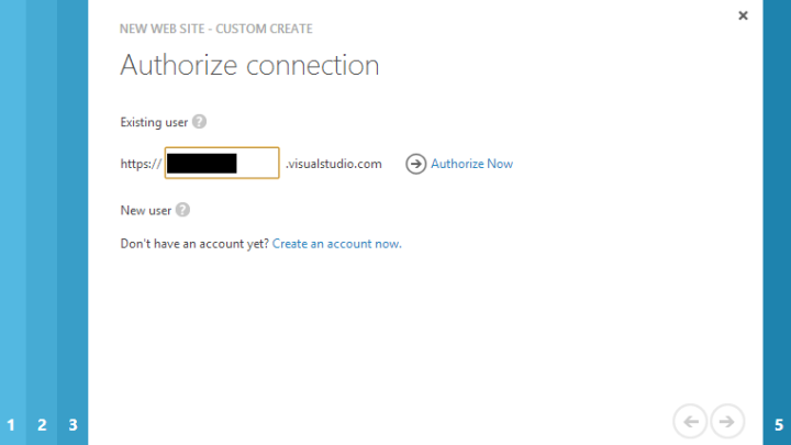 Dodawanie Azure Web Site, krok 4.